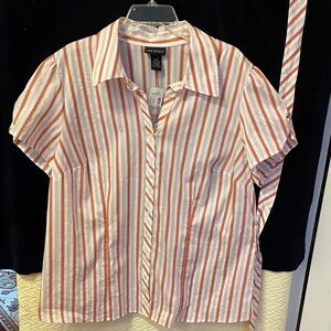 Lane Bryant White and Coral Striped Short-Sleeve Button Front Shirt